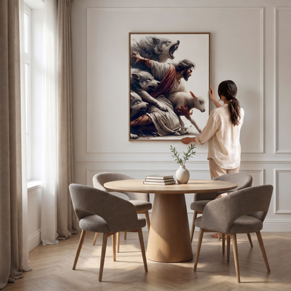 Jesus Protegendo o Cordeiro dos Lobos - Quadro em Tela na parede