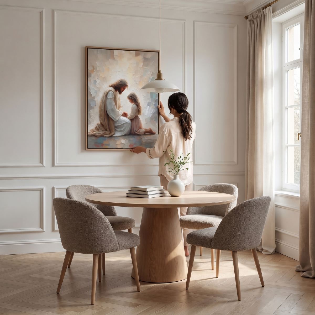 Jesus Orando com uma Menina - Quadro em Tela na parede
