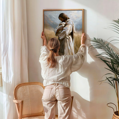 Jesus Segurando um Cordeirinho - Quadro em Tela