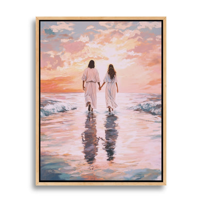 Jesus Andando sobre as Águas com Mulher - Quadro em Tela
