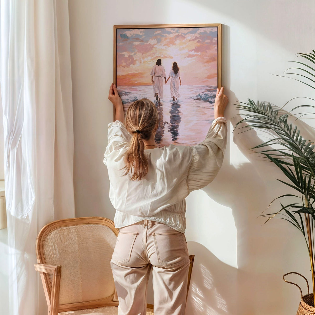 Jesus Andando sobre as Águas com Mulher - Quadro em Tela
