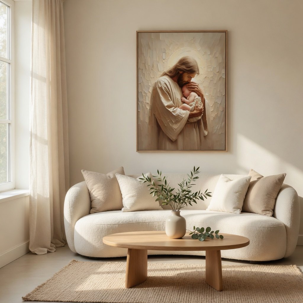 Jesus Segurando um Bebê em ambiente decorado 1