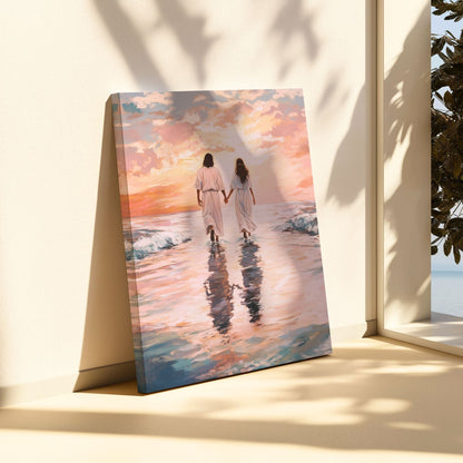Jesus Andando sobre as Águas com Mulher - Quadro em Tela