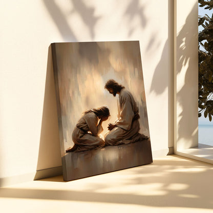 Menina Chorando com Jesus - Quadro em Tela