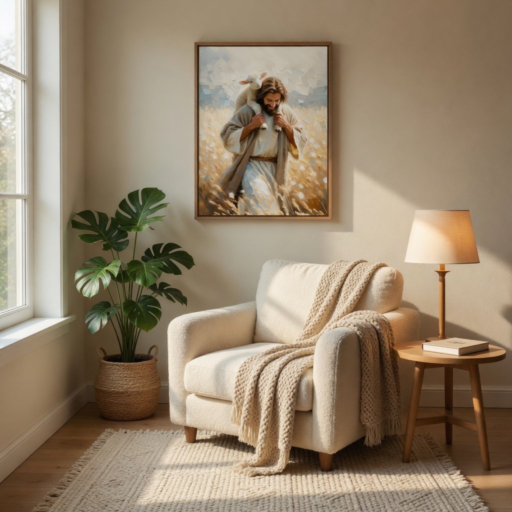 Jesus Levando o Cordeirinho para Casa em ambiente decorado 6