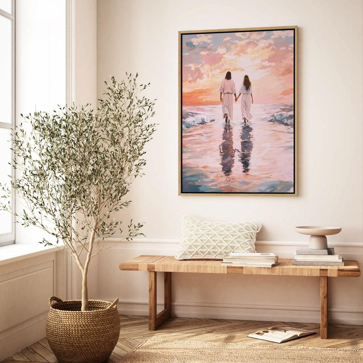 Jesus Andando sobre as Águas com Mulher - Quadro em Tela