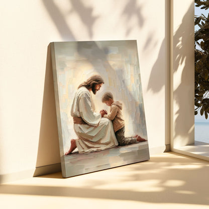 Jesus Orando com um Menino - Quadro em Tela